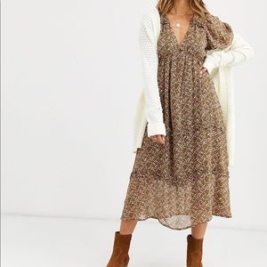 Vero Moda Empire Waist Brown Floral Midi Dress